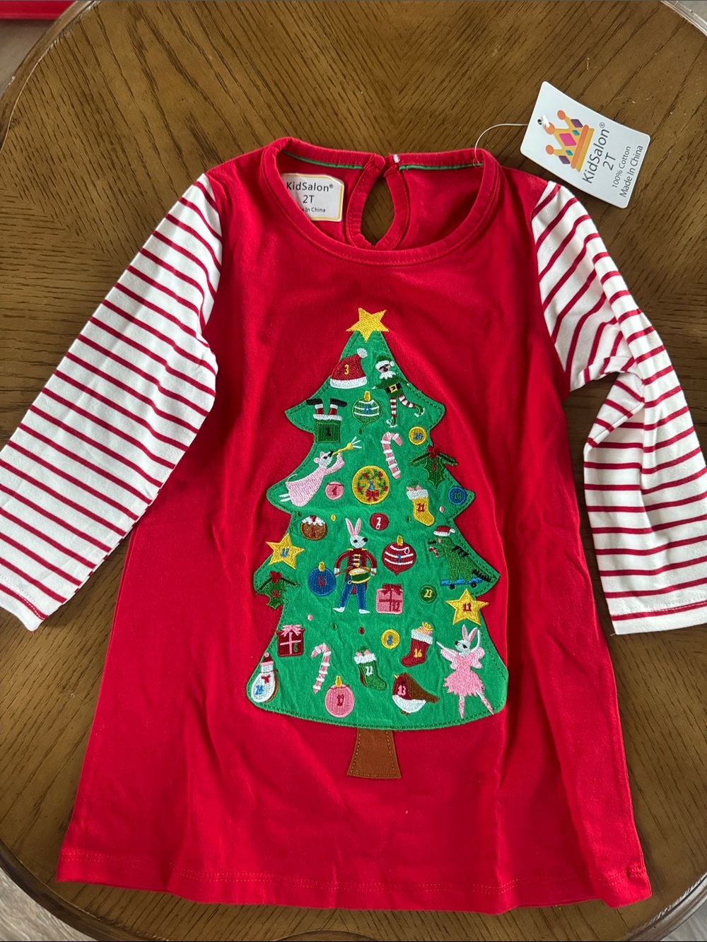 Red Christmas Tree Appliqué Long-Sleeve Top/Dress - 2T